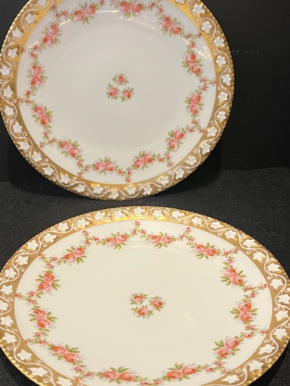 VTG T & V France Elegant Dainty Rose-Patterned Gold Rim 7” Plates White and Pink